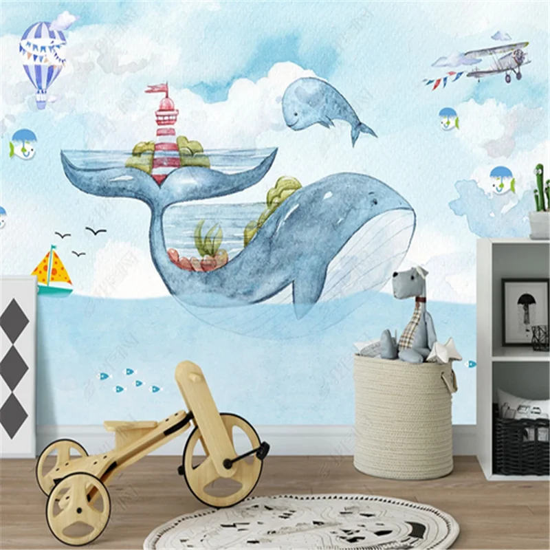 

Custom Creative Watercolor Whale murals wall paper for kids room Air Balloon children Bedroom background wallpapers home decor