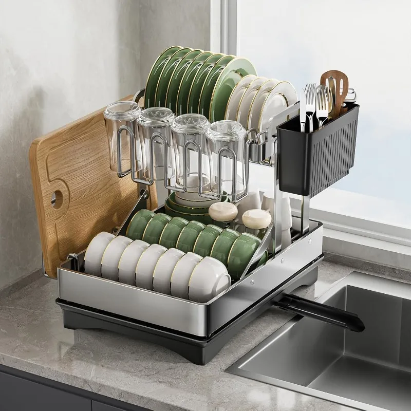 

Stainless Steel Dish Drying Rack 2 Tier, Large Dish Racks for Kitchen Counter,Dish Drainer and Dish Rack with Drain