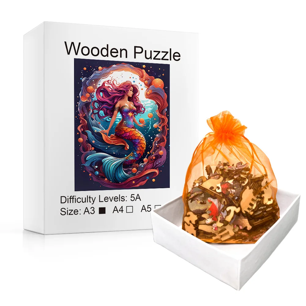 Mermaid wooden puzzle with special shapes, adult stress relieving circular magic, unique irregular animal wooden puzzle