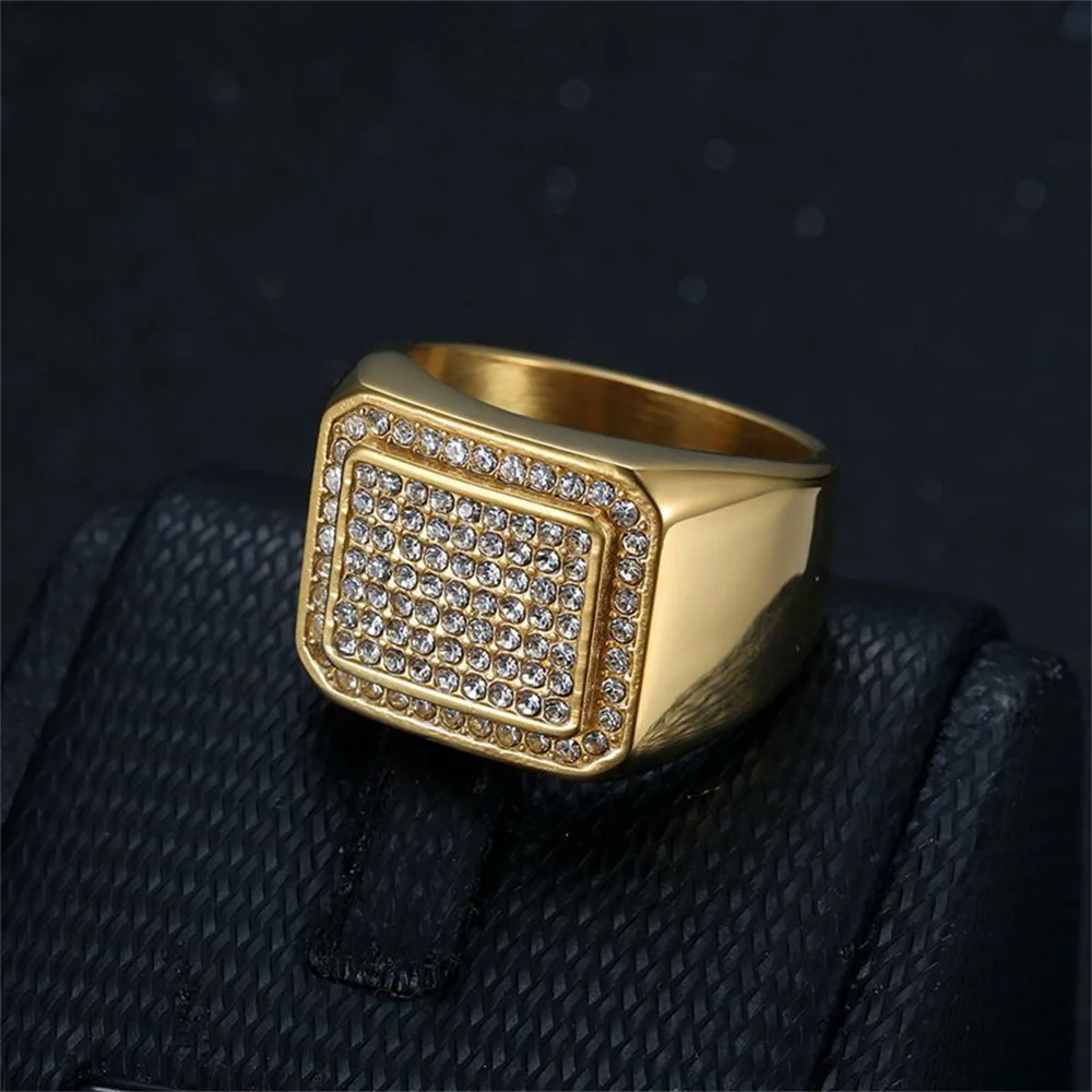 Hip Hop Iced Out Bling Big Ring Male Gold Color Stainless Steel Zirconia Square Rings for Men Fashion Hippie Party Jewelry Gift