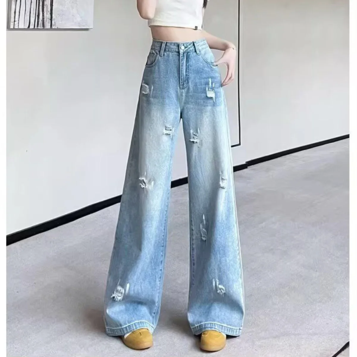 

Korean Women's Jeans Vintage Hole High Waist Wide Legs Denim Trouser Cool Girl Female Denim Pants 2000s Y2K Casual Bottoms New