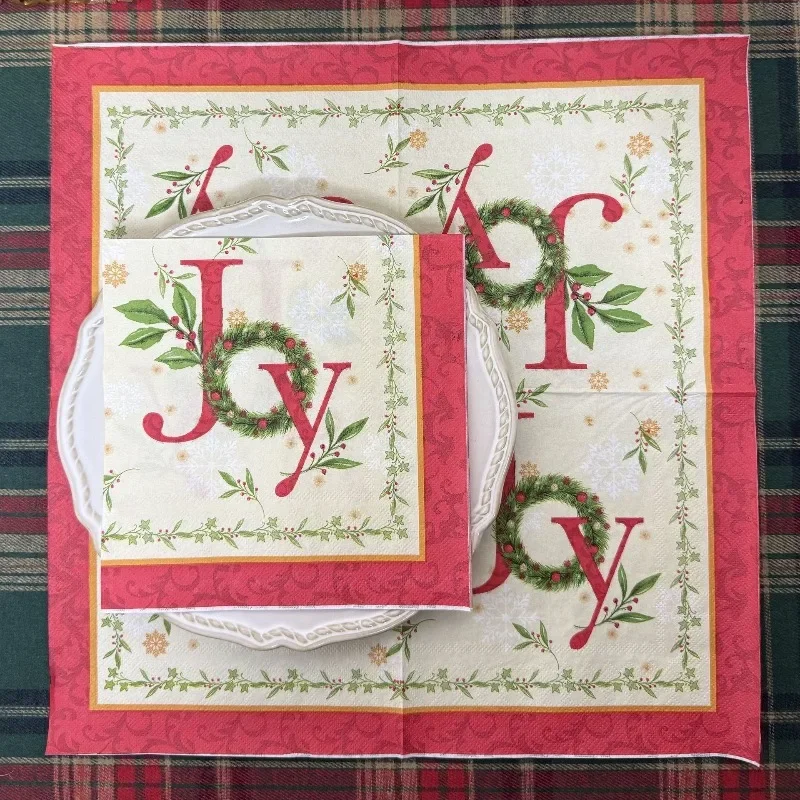 

20pc 33cm 2Ply JOY Wreath Christmas Fruit Print Christmas Party Napkins Hot Sell Red Edge Colorful Tissue DIY Decoupage Paper