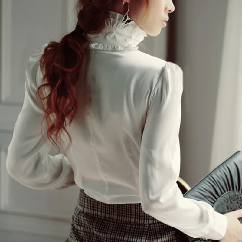 Ruffled Design Stand Collar Women White Lolita Shirt 2024 Spring Ladies Long Sleeve Gothic Chiffon Blouse