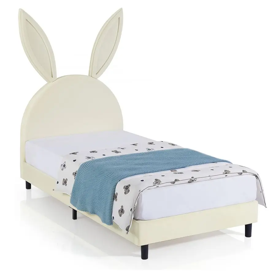 

Каркас кровати Twin Size, прочная платформа с изголовьем в форме кролика для детской комнаты девочек, простая сборка, бежевый цвет