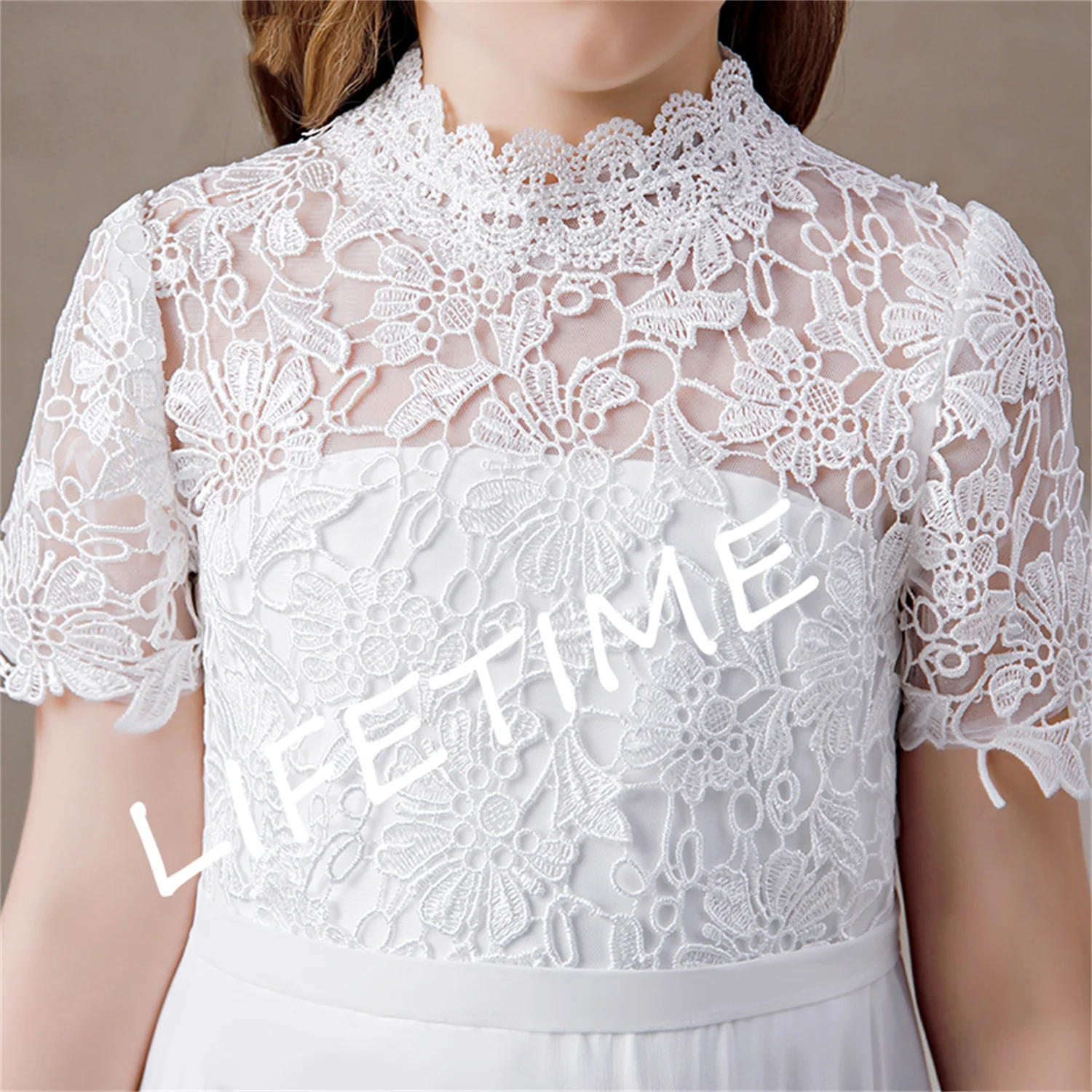 White High Neck Chiffon First Communion Dresses 2023 Lace Short Sleeves Junior Bridesmaid Gown Concert Birthday Party