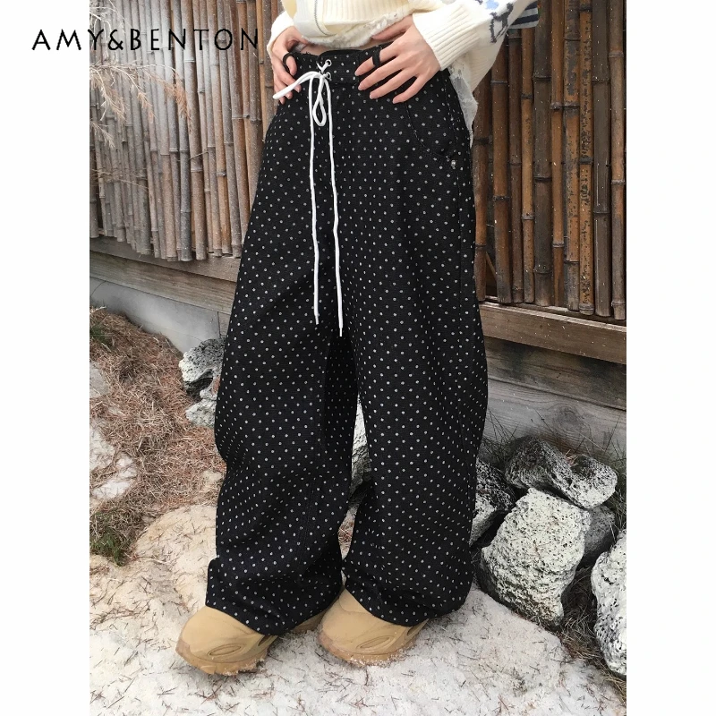 

Original Retro Design Black Polka Dot Women's Wide-Leg Pants Winter New Sweet Cool Versatile Loose Straight Long Trousers Ladies