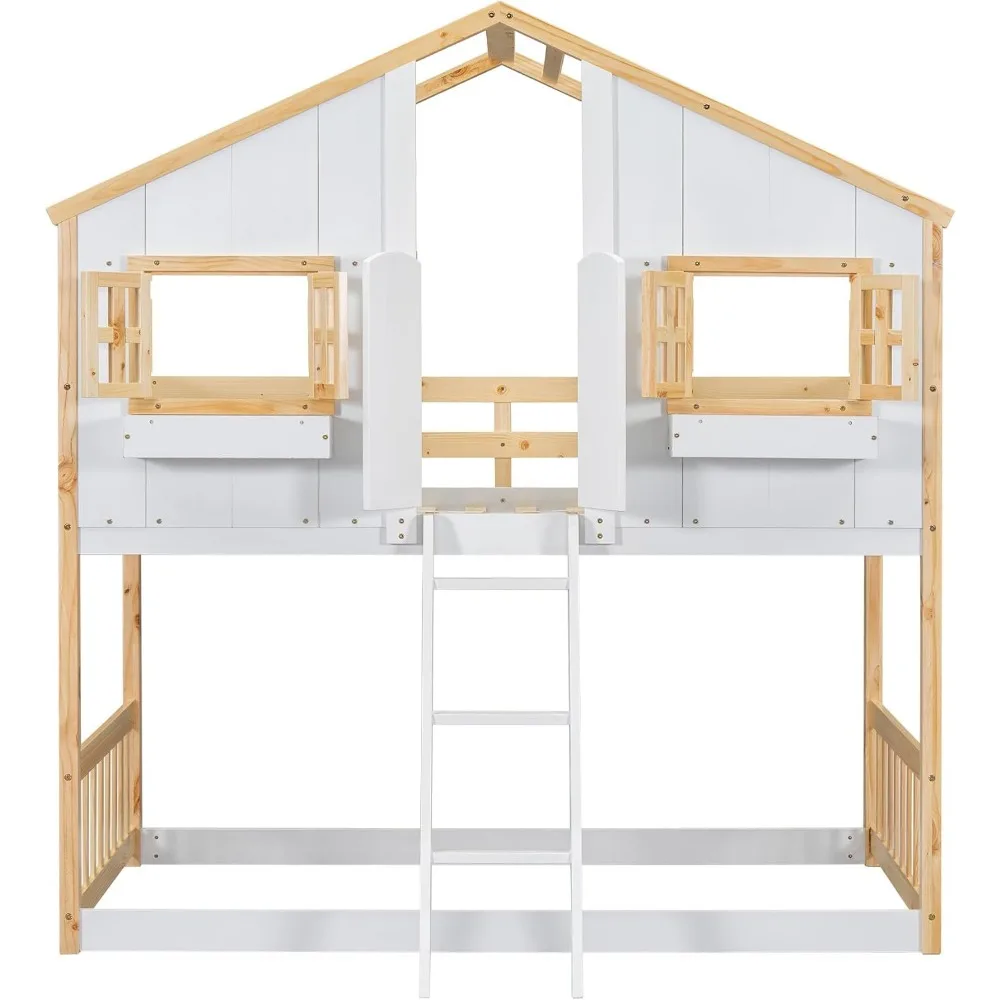 House Bunk Bed Twin Over Twin for Kids, Wood Bunk Beds with Roof, Windows, Window Box and Small Door, Floor Bunk Beds image 3