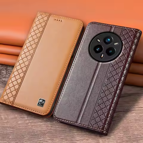 Flip Case For OPPO Realme 14 14T Realme14 Pro+ Plus 5G Genuine Leather Magnetic Cover Luxury Cowhide Grid Pattern Wallet Cases