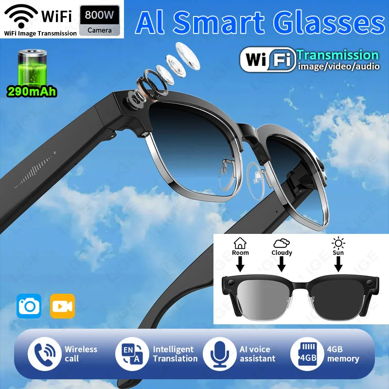 

LIGE 8MP HD AI умные очки фотохромная многофункциональная камера Bluetooth вызов музыкальный плеер голосовой помощник переходные солнцезащитные очки