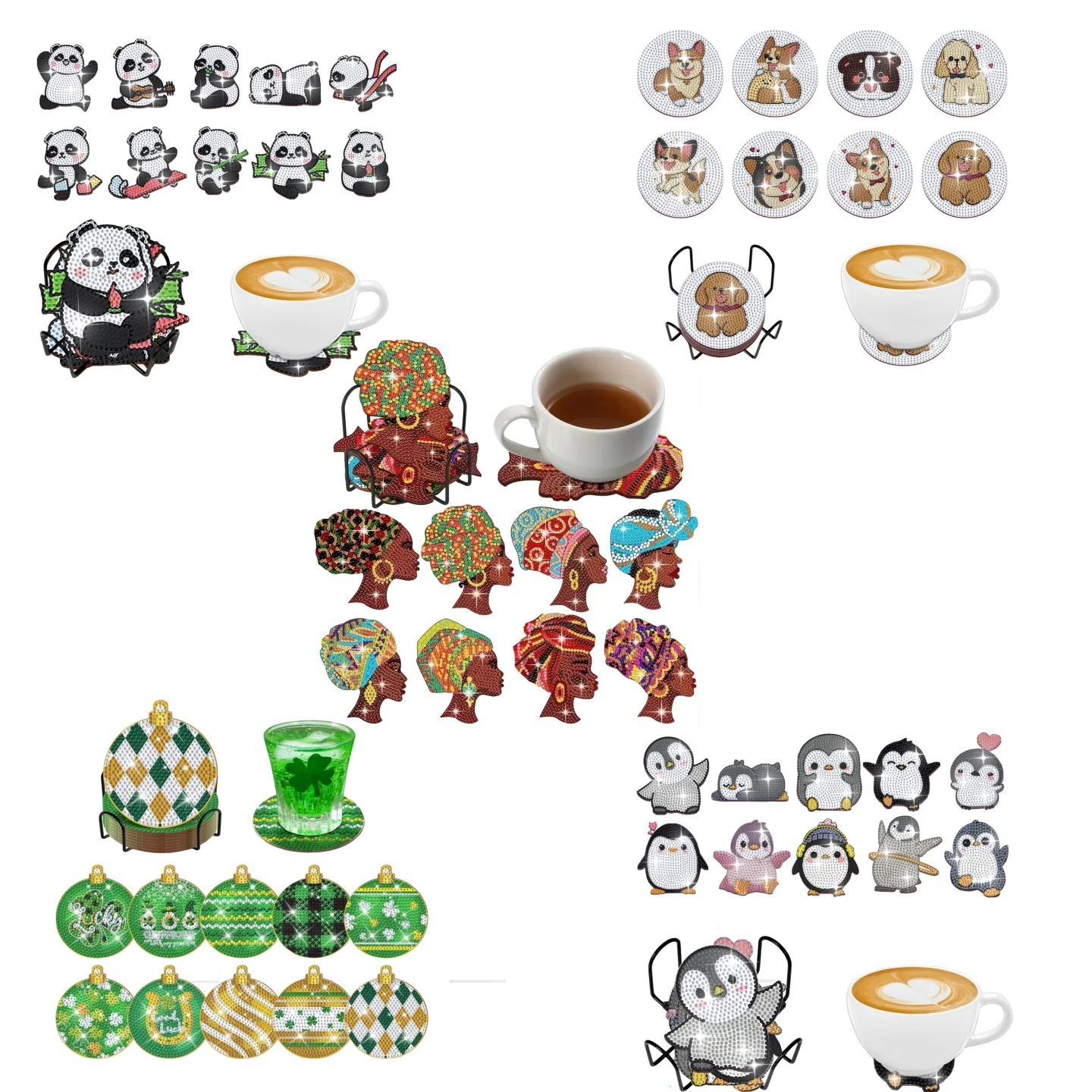DIY Diamant handgemachtes Kunstwerk Panda Hund grüner Pinguin Frau Muster Diamant bemalt Untersetzer Kit, Weihnachtsgeschenk Home Küche Dekor