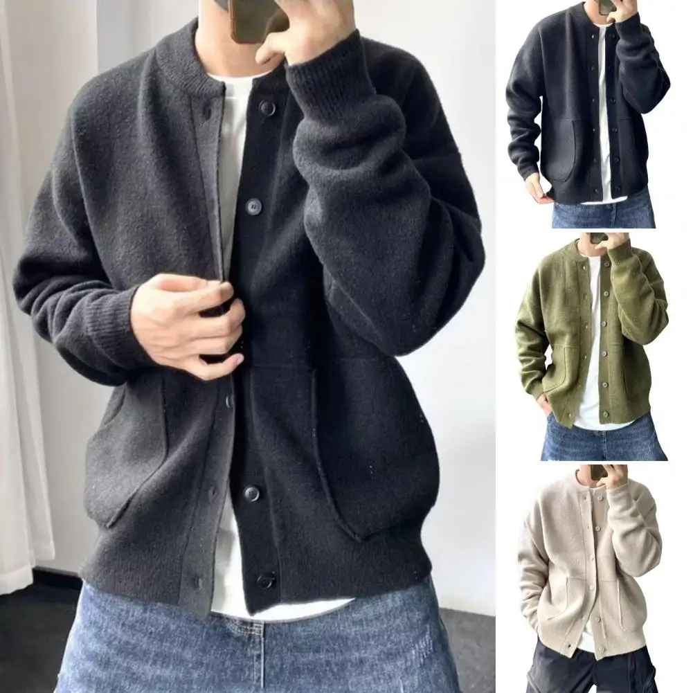 

Male Business Casual Slim Shirt Men's Autumn Winter Simple Leisure Solid Color Button Knit Sweater Cardigan O-neck Slim Sweater