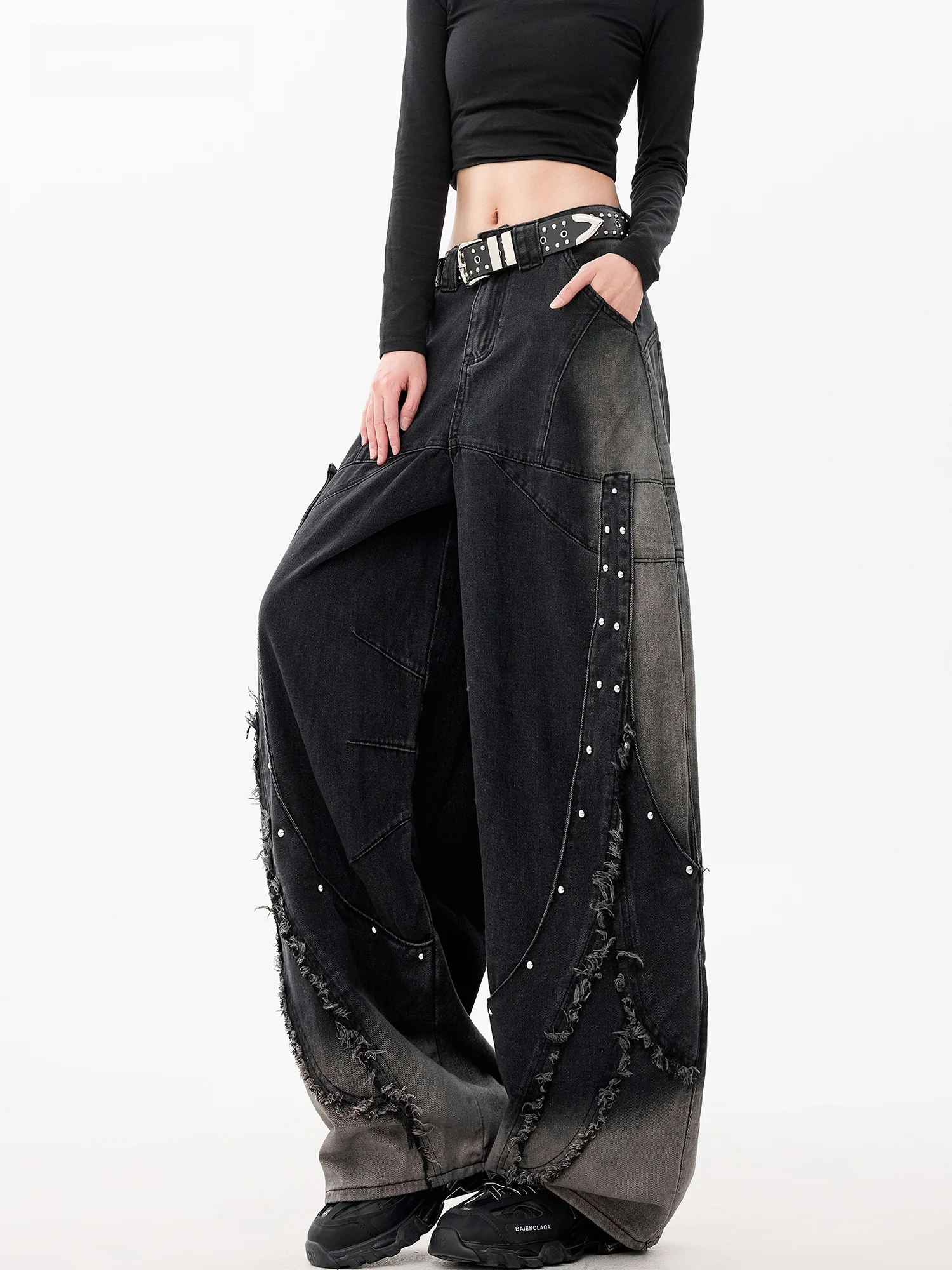 

Black Deconstructed Spliced Wide Leg Jeans Women's Summer New Style Knife Frayed Design Street Fashion Natural Waist