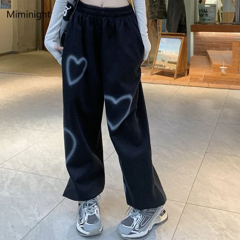 ผ้าฝ้ายเกาหลีStreetwear Hip Hop Heart Sweatpantsผู้หญิงOversizeหลวมสูงเอวBloomersแฟชั่นนักเรียนสบายๆY2kกางเกง