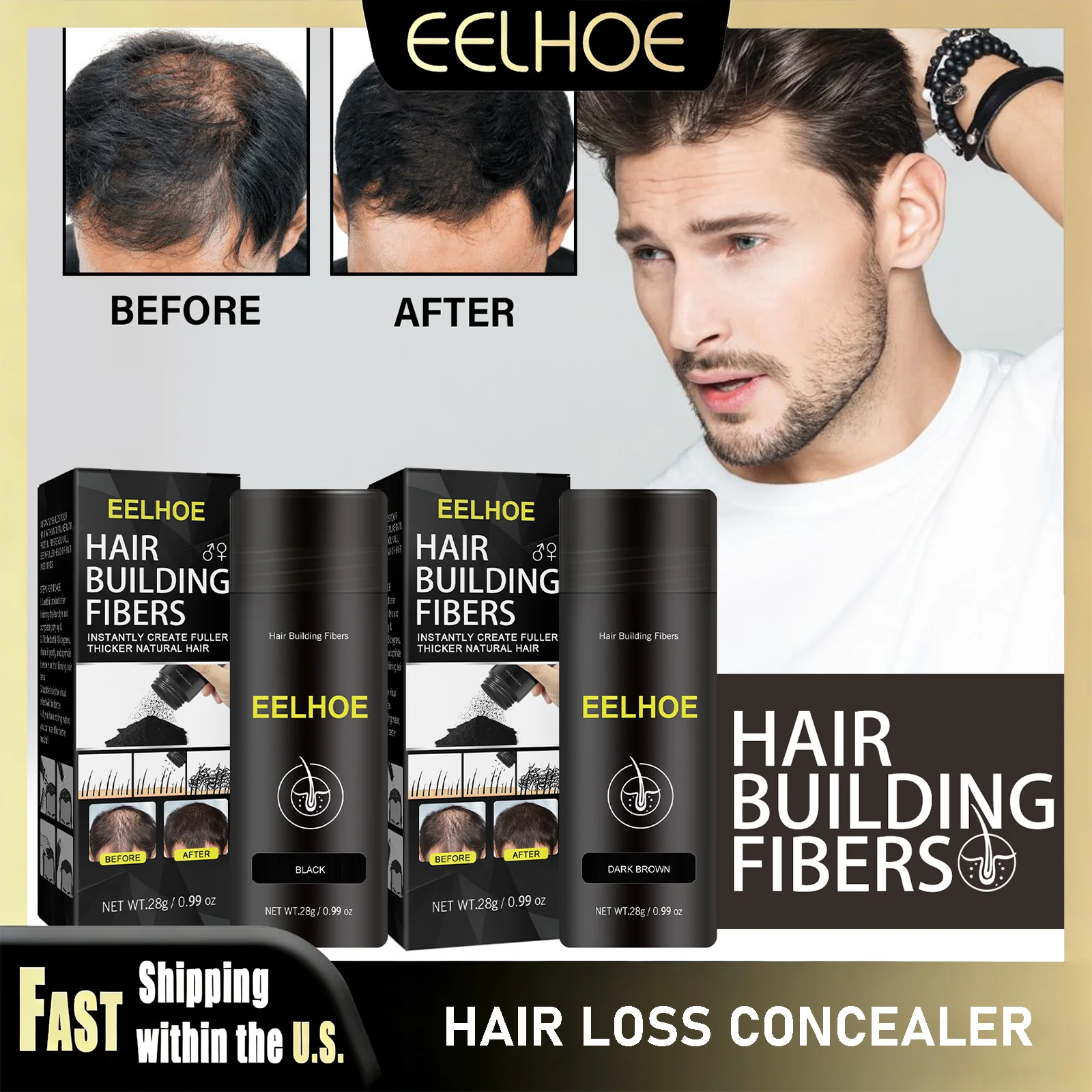 

Пудра для уплотнения волос EELHOE Dark Brown: натуральные кератиновые волокна для маскировки и придания объема, унисекс