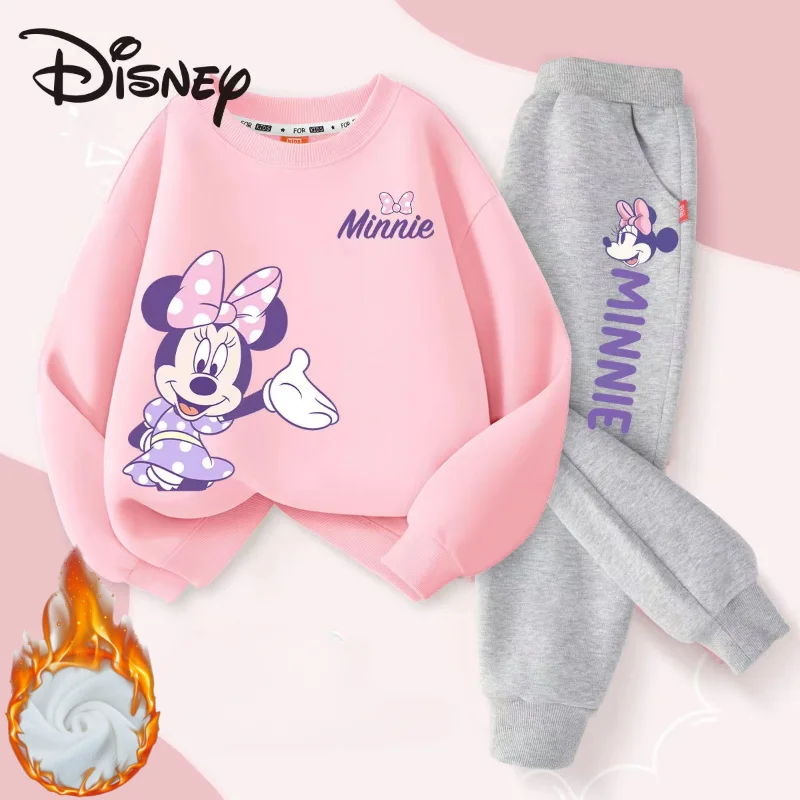 Winter Baby Girl Clothes Set Kid Boy Disney Minnie Sweatshirts Pullover & Pants 2pcs Suit Children Long Sleeve Plush Warm Suit