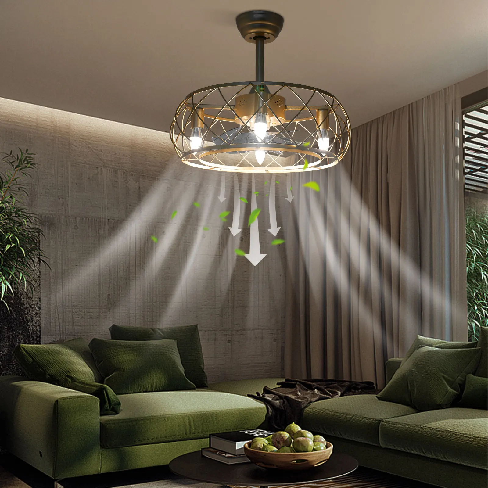 

20in Caged Ceiling Fan with Light Remote Control 4-gear Time with Cooling Fan 3 Speed Indoor Bedroom Chandelier