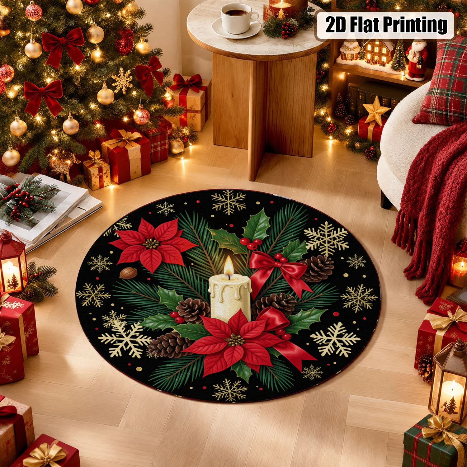 Christmas Themed Poinsettia Candle Snowflake Pinecone Round Velvet Decorative Mat Machine Washable Suitable for Dining Area Living Room Entryway Bedroom Halloween Thanksgiving Christmas New Year Black Friday Cyber Monday