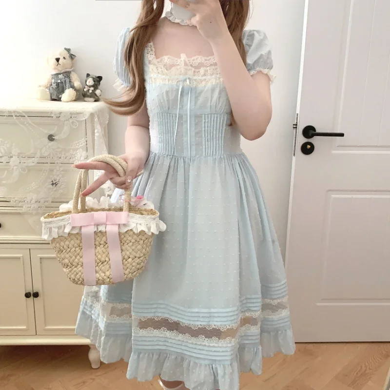 Abito da donna giapponese Kawaii carino in pizzo collo quadrato dolce elegante Lolita Mini abiti da fata abito da principessa per feste estive coreane