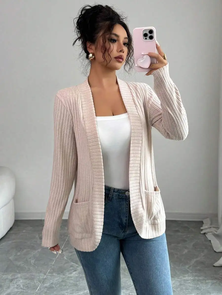 

Женский кардиган в рубчик с открытым передом и боковыми карманами, легкая повседневная куртка
