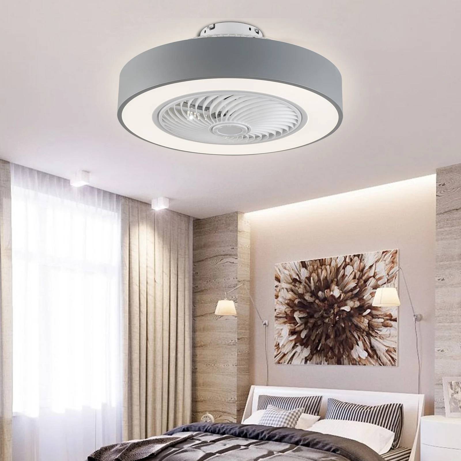 

22" Modern Round Ceiling Fans LED Light Invisible Fan Chandelier +Remote 3-Color