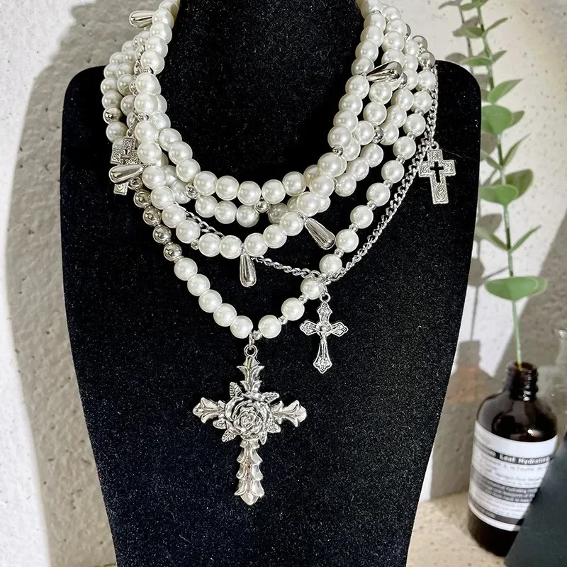 Fashion Personalized Design Multi-layer Imitation Pearl Cross Pendant Necklace Men and Women Elegant Delicate Collarbone Chain