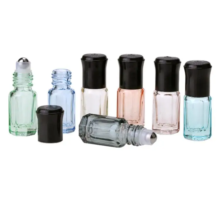 

Colorful Small 3ml 6ml Octagonal Glass Roller Bottle Mini Essential Oil Perfume Roll On Bottles with Metal Roller Ball ni13