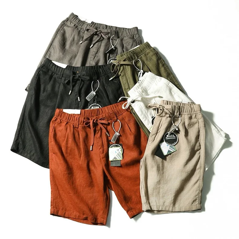 Worsted 100% Linen Shorts for Men American Vintage Casual 2026 New Summer Solid Elastic Waist Straight-Leg Knee Length Shorts