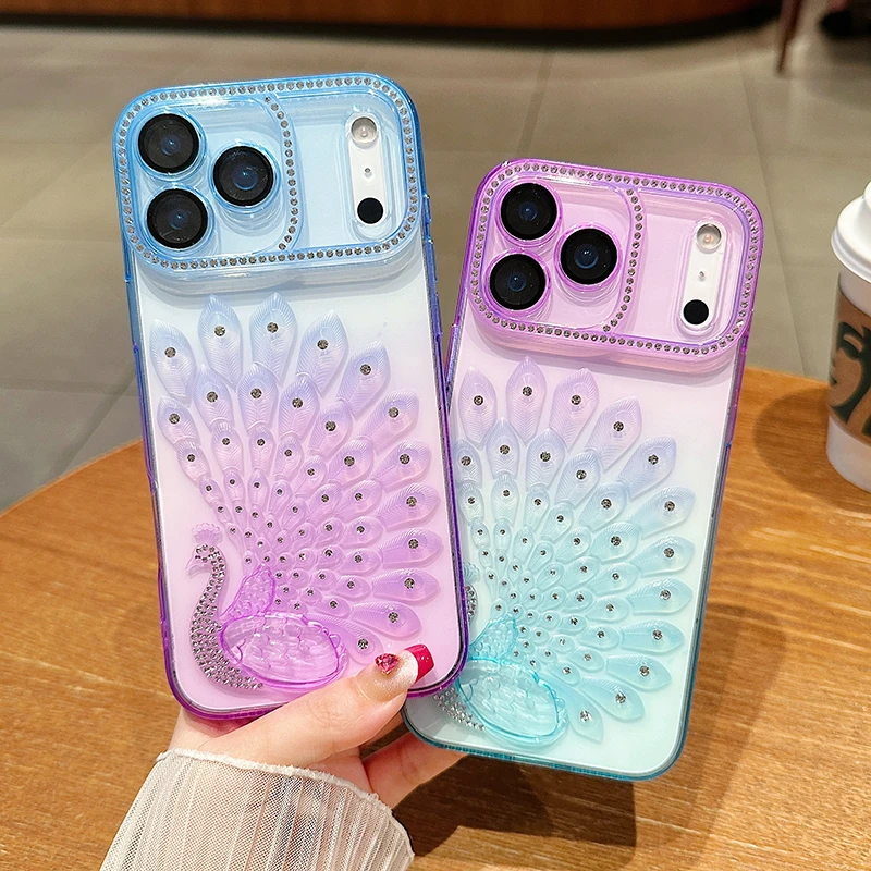 

Gradient Point Diamond Colorful Peacock Soft Shockproof Phone Case For iPhone 17 Pro Max 15 14 13 16 Pro Max Bumper Back Cover