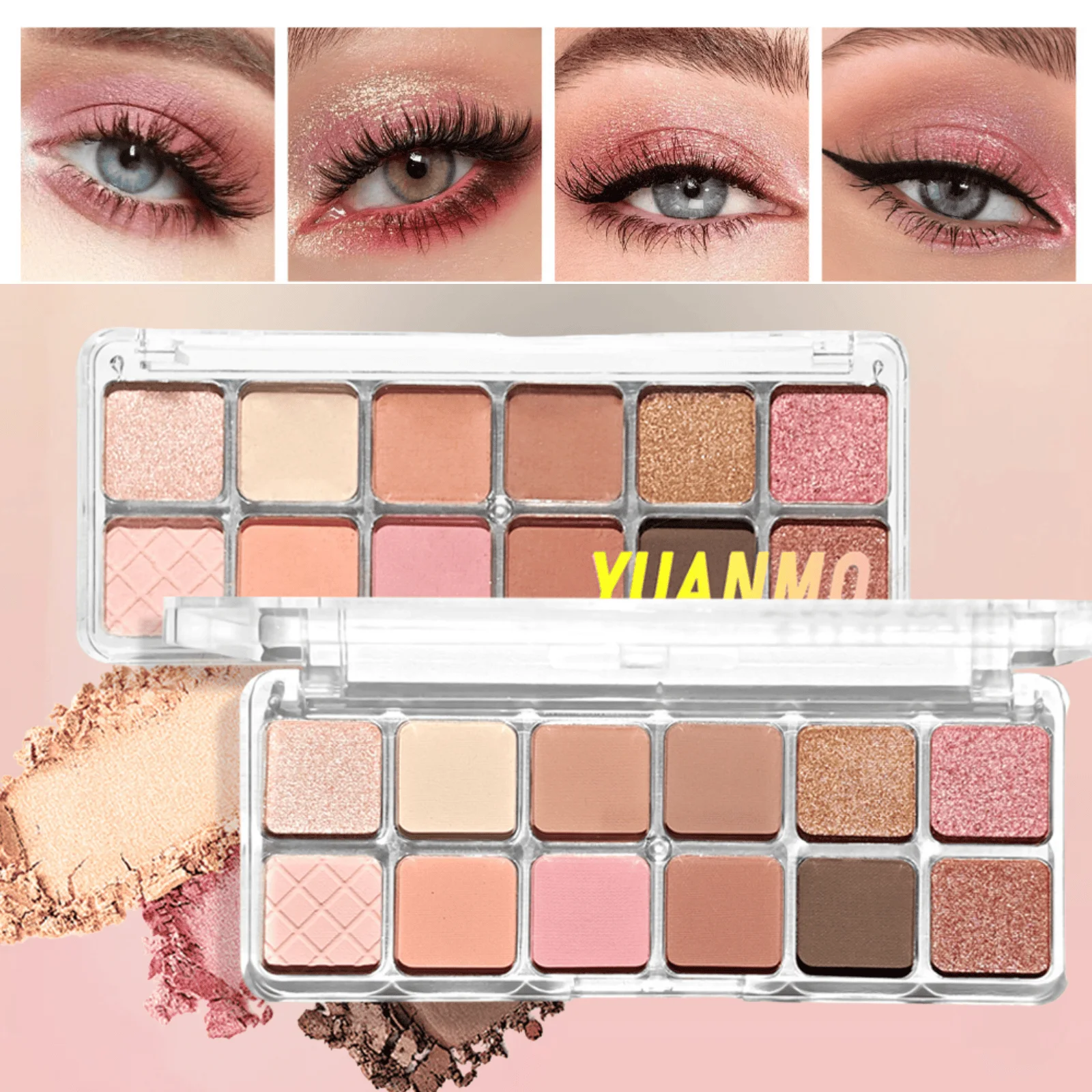 Paleta de sombras de ojos brillantes y mate: tonos rosa/marrón/corallo de larga duración, resaltador y contorno, maquillaje de ojos multiusos