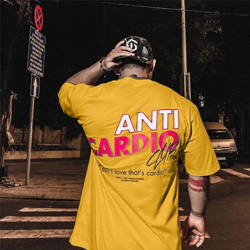 ANTI CARDIO Casual Oversized short sleeves cotton t shirt Gym Fitness Male Training Workout Cotton Tees Top New Fashion Clothes
