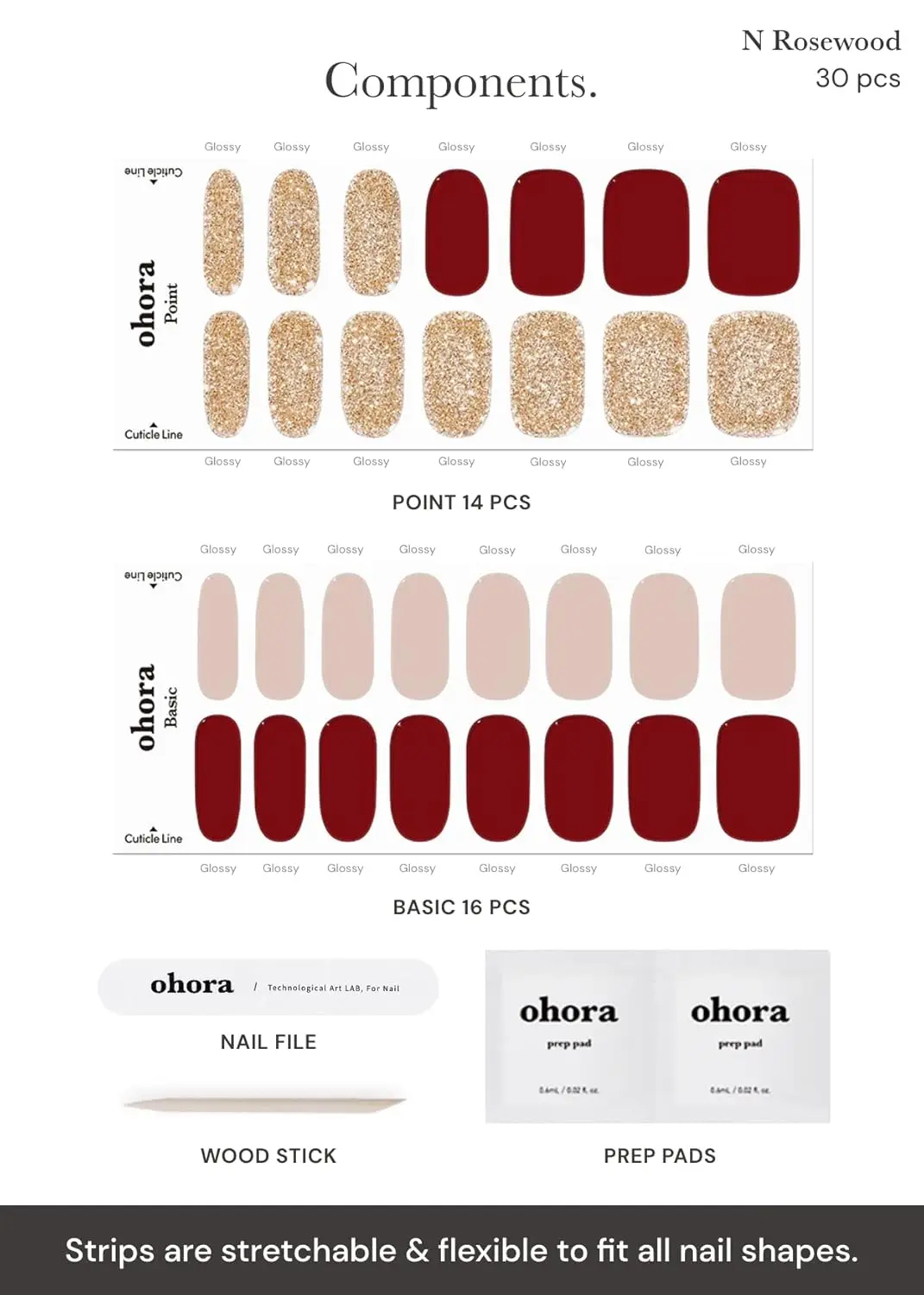 セミキュアジェルネイルストリップ N ローズウッド - レッド、ソリッド、UV/LED対応、長持ち、簡単装着＆除去 - プレップパッド、ファイル、S付き