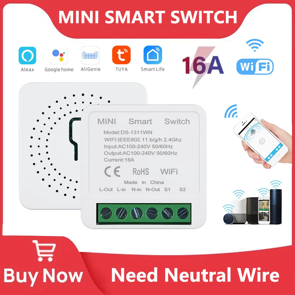 Mini DIY Smart Switch Tuya WiFi Light Switches Module Need Neutral Wire 2 Ways Timer Wireless Breaker Work for Alexa Google Home