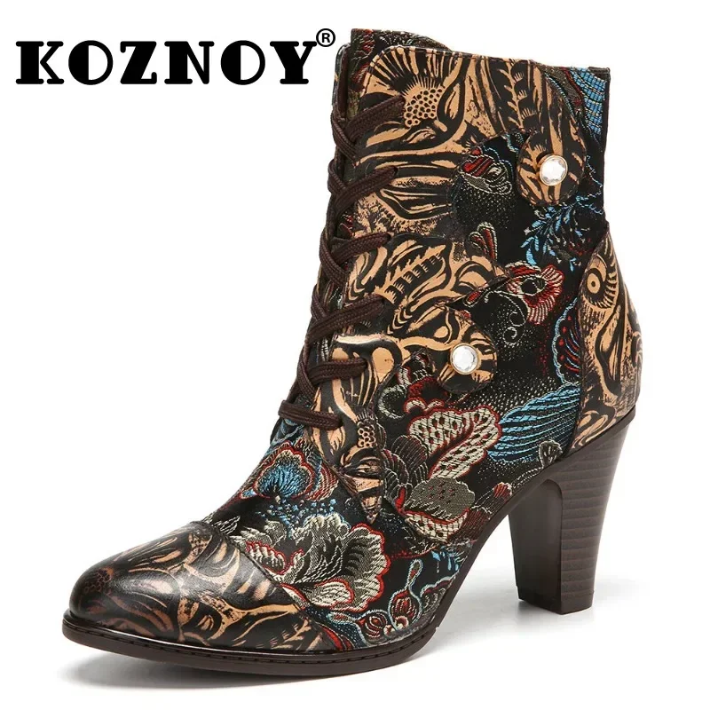 

Koznoy 7cm New Boots for Women Spring Autumn Designer Embroidery ZIP Plus Size Ethnic Craft Jacquard Cloth Genuine Leather Shoes