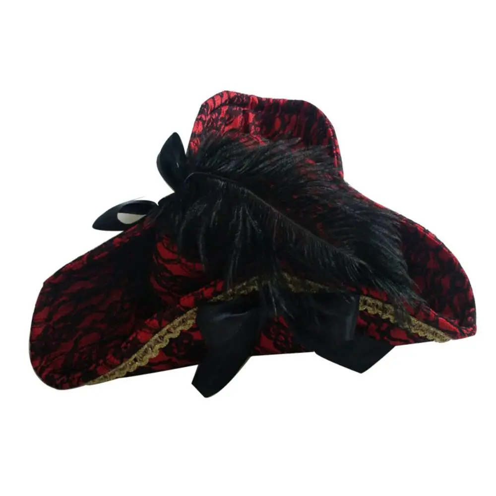 Satin Triangle Pirate Hat Pleated Ruffled Head Ornament Halloween Costume Hat Feather Decors Retro Party Decoration Hat