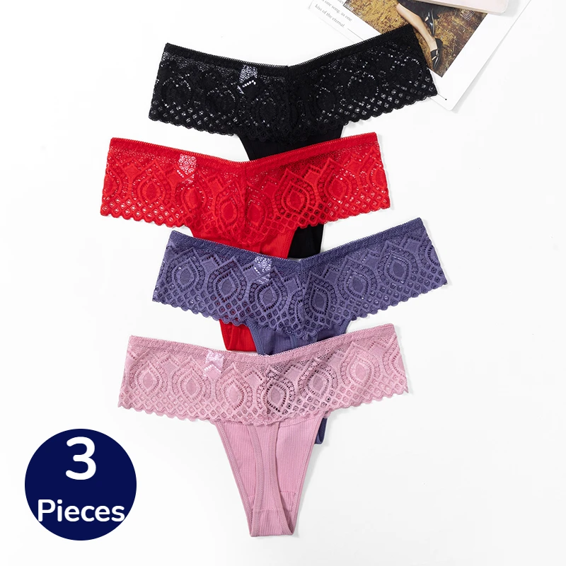 TrowBridge 3PCS/Set Women\'s Panties Sweet Lace Female Underwear Hollow Out Sexy Lingerie Breathable G-Strings Comfortable T-Back