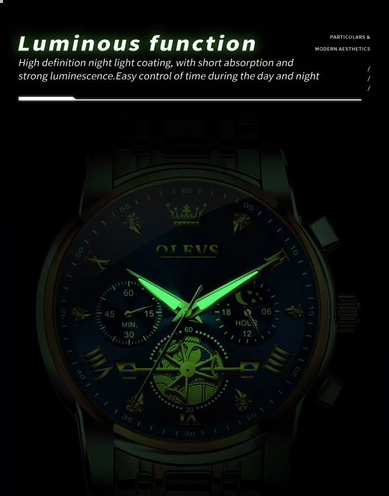OLEVS 2856 Quartz Watch for Men Flywheel Skeleton Chronograph Moon Phase Multifunctional Stainless Steel Men's Wristwatches