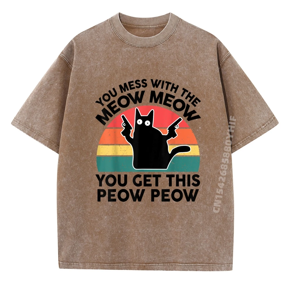 

Футболка с принтом в стиле ретро, забавная футболка You Mess With Meow Dad Mama Daddy, простая рубашка, хлопковые удобные потертые футболки, мужская одежда
