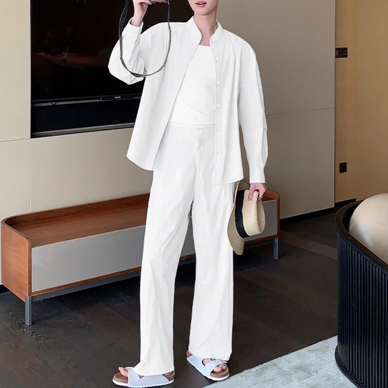 

INCERUN Мужские комплекты, однотонная рубашка с длинным рукавом и брюки, комплекты из двух предметов, уличная одежда, свободные модные повседневные мужские костюмы 2025 года-5XL