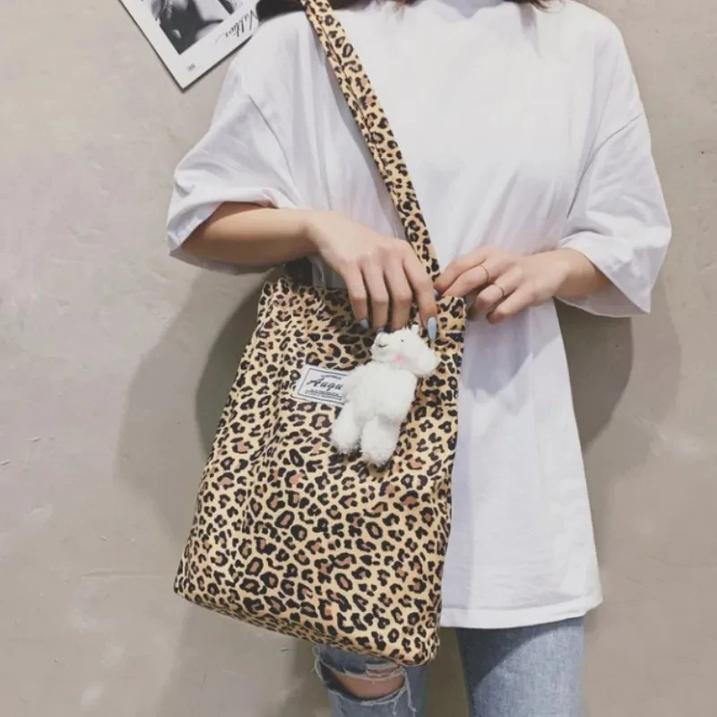 Korean Chic Big Casual Tote Bag Leopard Shoulder Bag Ladies Canvas Bag New Shopping Bag Student Print Handbag Bolsa Mujer