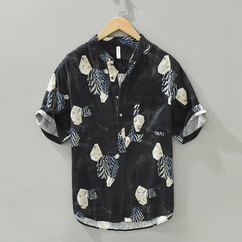 

Summer Beach New Men's Linen 100% Shirts Men Pocket Hawaii Short Sleeve Lapel Printed Patchwork Casual Loose Thin Clothes Tops