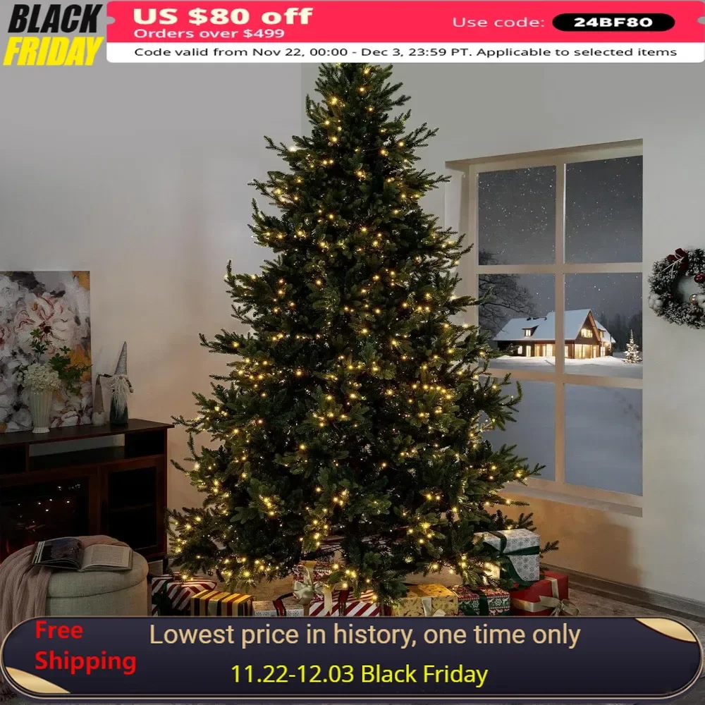 9ft Prelit Aritificial Christmas Tree, 1000 Warm Lights and Metal Stand, 68