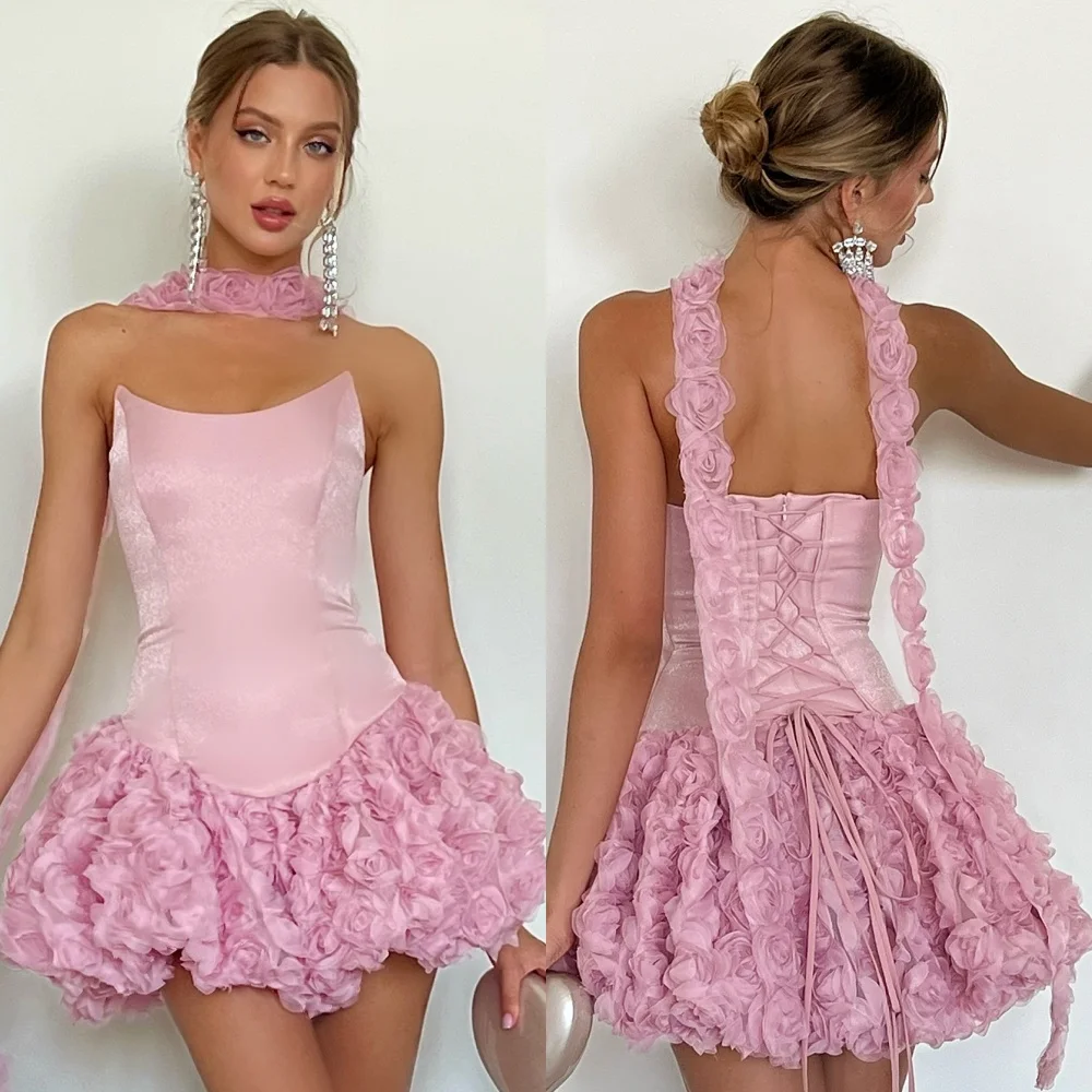 

Одинаковые модные шармезные платья ручной работы с цветочными складками трапециевидной формы без бретелек мини-платья на заказ платья для особых случаев современный стиль