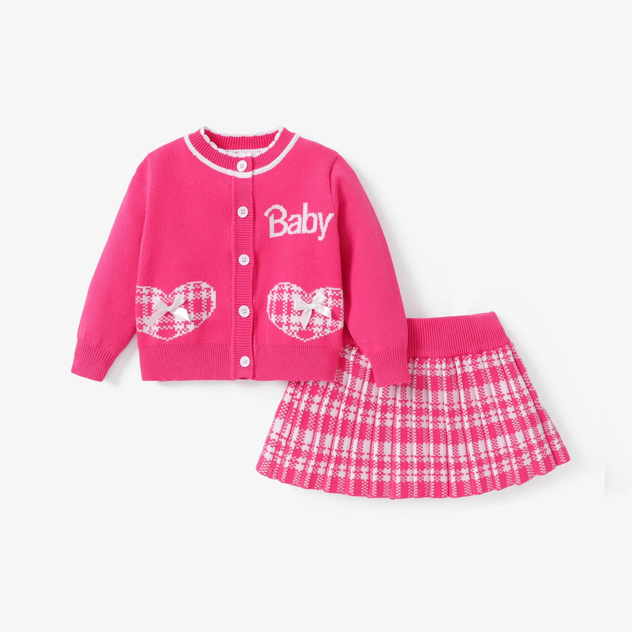 PatPat Baby Girl Sweet Grid Sweater Dress Set with Pleat Detail