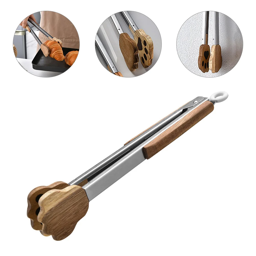

9 Inch Stainless Steel Kitchen Tongs Design Anti-Scald Food Bbq Camp Party Cooking Tongs Wood Handle Heat