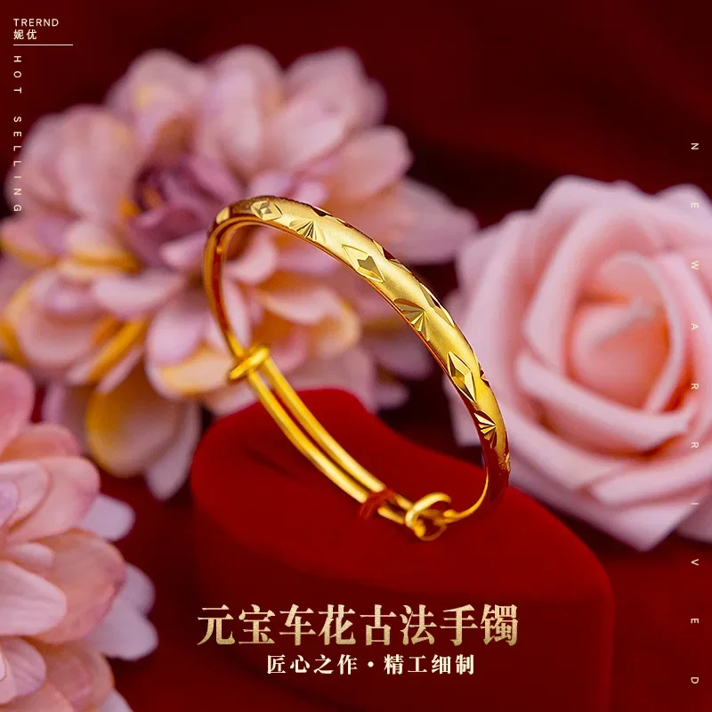 

9999 Real Gold 24K Pure Gold Bracelet Women's Car Flower Ingot Ancient Push-pull Bracelet Metalworking Women's