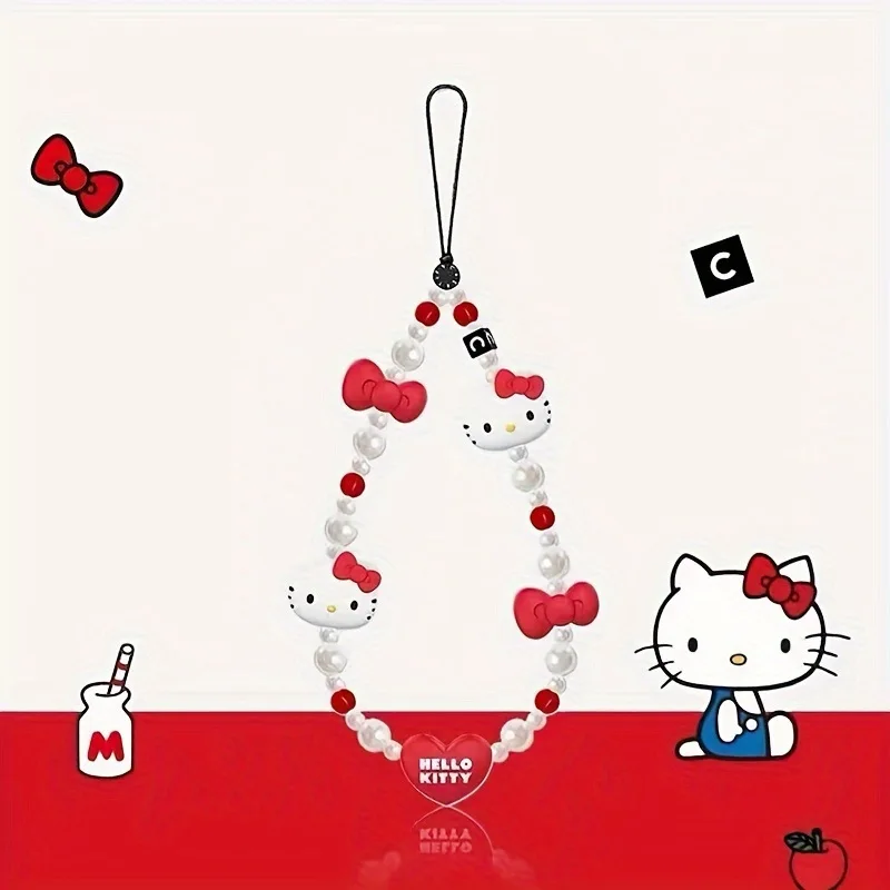 

Sanrio Hello Kitty Kawaii Pearl Strap Keychain Pendants Silicone Holder Anti-Loss Crossbody Chain for Phones Chain Anime Gift