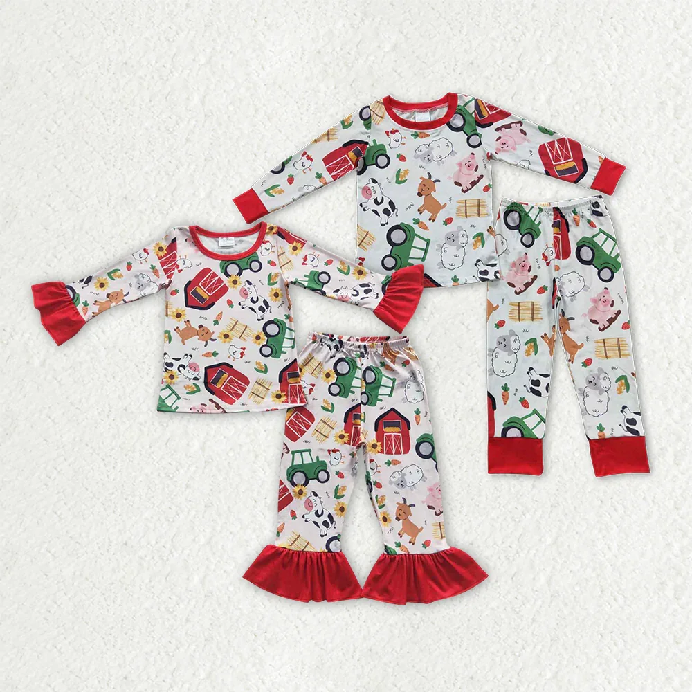 

BLP0197 Wholesale baby boy clothes farm animal long Sleeve pants pajamas Sets Summer Boutique kids clothes girl sets