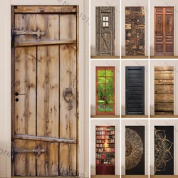 Retro Wood Design Printed Door Wrap Stickers Makeover Self-adhesive 3D Realistic Vintage Wooden Full Door Cover Decals Wallpaper