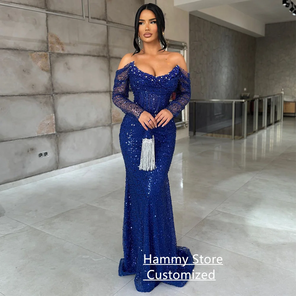 

Royal Blue Mermaid Evening Dress Customized Pearls Scoop Neck Long Sleeves Sweep Train Backless Pageant Party Gown