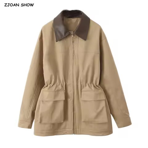 2025 Spring Women Khaki Spliced Faux Leather Lapel Safari Coat Front 2 Pockets Elastic Waist Zipper Jacket Loose Outerwear